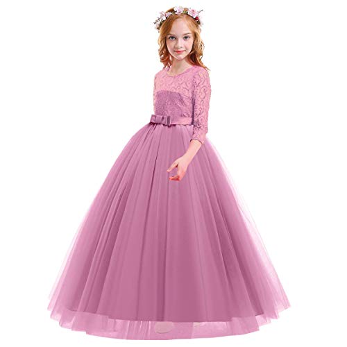 Image of Girls Flower Vintage Floral Lace 3 /4 Sleeves Floor Length Dress Wedding Party Evening Formal Pegeant Dance Gown