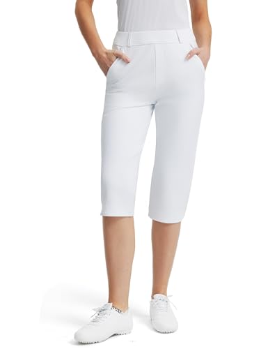 FitsT4 Sports Women 18" Golf Capris High Waist Stretch Hiking Capri Pants with Pockets Work Casual White XL