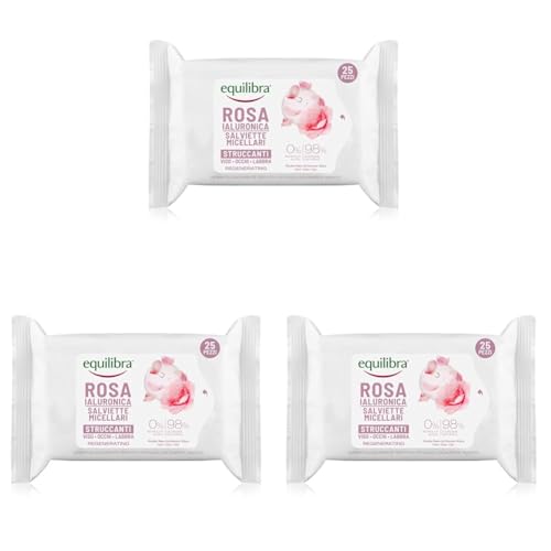 Equilibra Viso, Rosa Ialuronica Salviette Micellari Struccanti, in Tessuto con Acqua di Rosa Fermentata, Acido Ialuronico e Glicerina Vegetale, Struccano con Delicatezza, 25 pz (Confezione da 3)