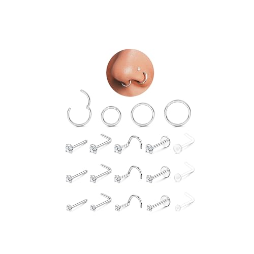Morfetto 19Pcs Hypoallergen Nasenstecker Nasenpiercing Ring Silber 316L Chirurgenstahl Septum Piercings Silber Nasenpiercing Stecker Nostril Piercing Set Nostril Push-In Flat Piercing Schmuck 18/20G