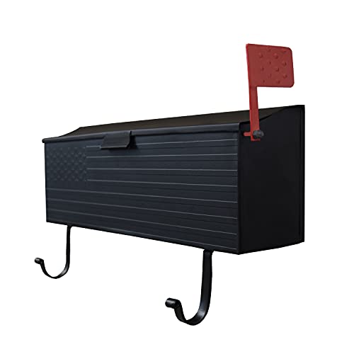 Image of Oakland Living Black Patriotic Metal Wall Mounted Mailbox with Outgoing Mail Flag and Newspaper Hangers