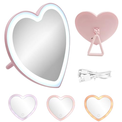 Taolivingmart Pink Heart LED Makeup Mirror for Kids 3 Color Lights USB Powered Foldable Travel Desk Vanity Mirror with Lights Cute Birthday Gift for Girls