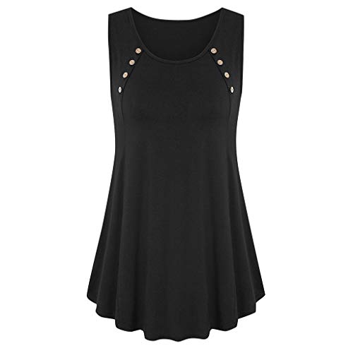 Women O Neck Sleeveless T Shirt Button Tanks Tops Loose Vest Tees Tuncis Tops Summer Casual Flowy Blouse Shirt (Black, XXL)