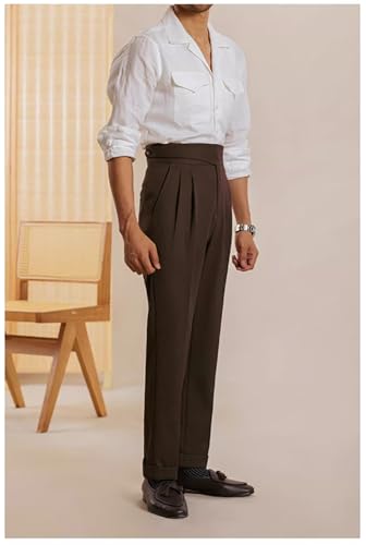 Men's Corduroy Pants Slim Fit High Waisted Pant Retro Texture Trousers Formal Business Casual Pleated Dress Pant3