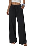 Cuptacc Pantalon Lin Femme Taille Élastique avec Poches Pantalon Fluide Femme Été Chic Jambe Droite