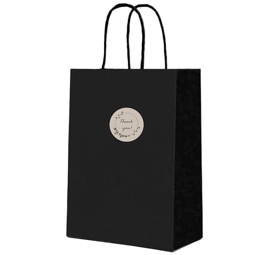 Pack 60 Bolsas medianas papel kraft negro y 72stickers 30x22x10cm, con pegatinas, con asas, bolsas para negocios, bolsa regalo,cumpleaños, bolsas comuniones y bodas (Negra Mediana 120gr)