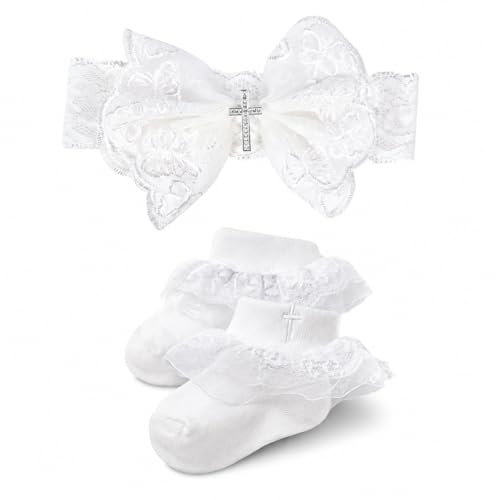 Baby Girl Baptism Socks and Headband Set, White Cotton Christening Accessories with Embroidered Cross & Flower Bow, 0-3 Years