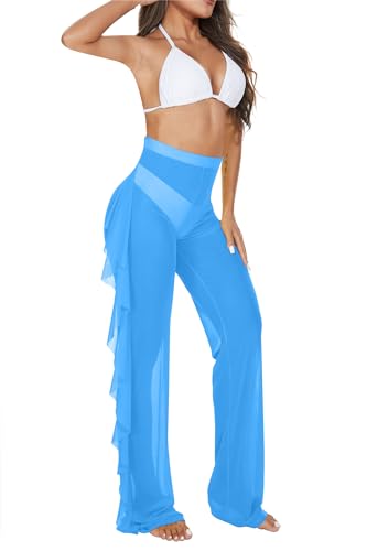 Image of Jumppmile Women's Ruffle Sheer Mesh Swimwear Bikini Cover Up Pants See Through