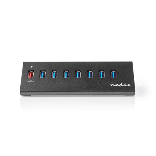 NEDIS USB-Hub 8-Port – Mit Netzteil, USB 3.0, QC3.0 Schnellladung, Aluminium, 5 Gbit/s, UHUBUP3810BK