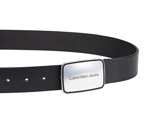 Calvin Klein Cinto masculino casual gravado com logotipo e fivela, Placa preta