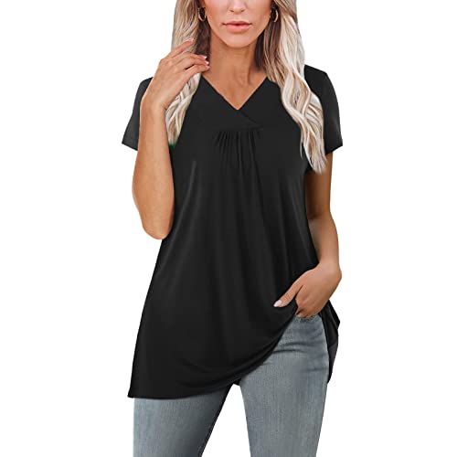 Blusas de verão para mulheres elegantes franzidas gola V emagrecedora cintura manga curta camiseta c