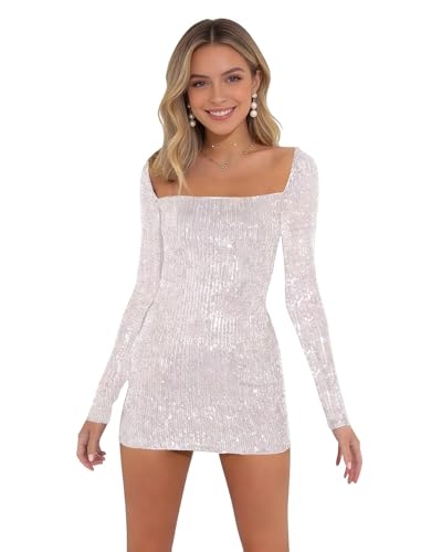 Image of Women Sparkle Sequins Mini Dress Sexy Tie Back Bodycon Dress Long Sleeve Shiny Evening Dresses Night Out Party Outfits