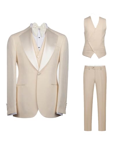 Men's Slim Fit 3 Piece Suit Beige Solid Prom Wedding Blazer Pants Vest Tuxedo Suits Set for Men