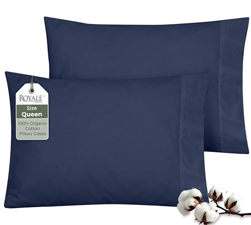 Image of ROYALE LINENS 100% Organic Cotton Percale Pillowcases Set of 2 - Queen Size Percale Pillowcase - Queen Set of 2 Pillow Cover - Breathable, Cool & Crisp Navy Pillow Cases (20 inchx30 inch, Navy)
