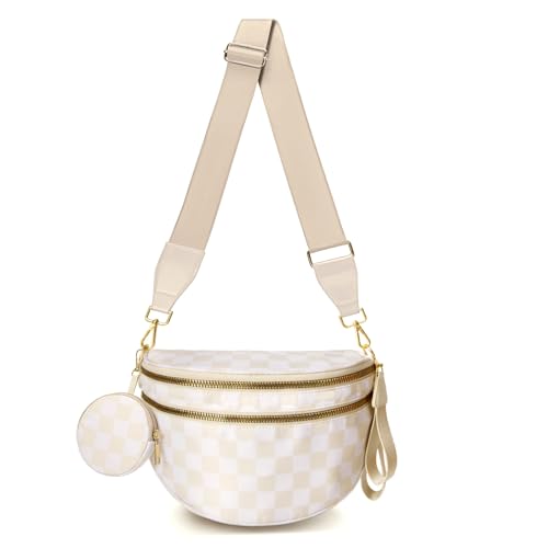 Image of WOOMADA Checkered Crossbody Bag Bum Bag for Women, Spacious Nylon Fanny with Removable Wallets(2pcs-Beige Checkerboard)