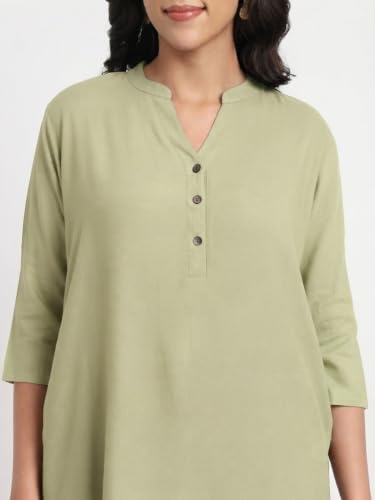 Image of Women's Roll-Up Sleeve Tunic Top, V-Neck with Button Front, Side Pockets, Rayon Short Kurti