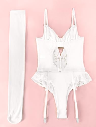 Image of Lilosy Sexy Stocking Lace Mesh Bodysuit Top Underwire Garter Lingerie Set 3 Piece