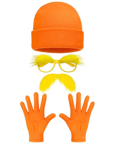 4 Pcs Orange Cosutme Accessory Set Including Orange Beanie Cap Gloves Yellow Eyebrows Glasses and Yellow Fake Mustache for Men Women World Book Day Halloween Cosplay Party Supplies