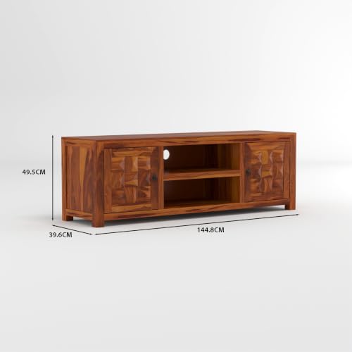 Image of Solid Sheesham Wood Entertainment TV Unit with 2 Door | Rosewood Tv Stand /TV Cabinet for Living Room | Bedroom | Wooden TV Panel with Shelf Stoarge | TV Table