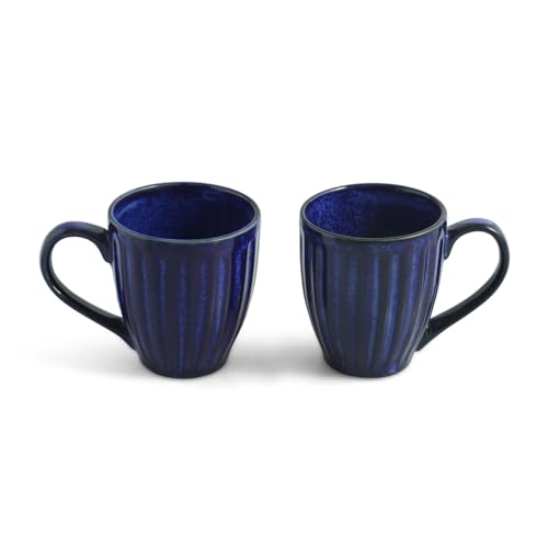 Image of ExclusiveLane 'Midnight Ribbed' Hand-Embossed Ceramic Coffee Mug Ceramic Mugs for Milk Chai Tea Cup (Set of 2, 260 ML, in Gift Box, Microwave Safe)
