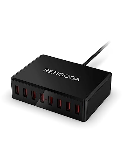 USB Charging Station, RENGOGA 50W/10A USB Charger 8-Ports USB Charging Hub, Multi USB Charger Block for Multilple Devices, iPhone 15 14 13 Pro Max,iPad Air, iPad, Samsung Galaxy S23 S22, Tablet-Black