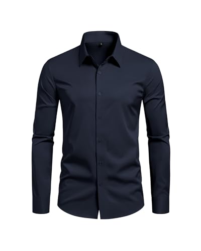 Lasjixion Camisa social masculina slim fit, sem rugas, formal, casamento, manga comprida, abotoada, Azul marino, GG