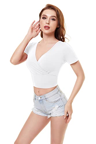 Crop Tops For Women White Cross Wrap Cropped Tshirt Short Sleeve V Neck Blouse Medium #TOP3