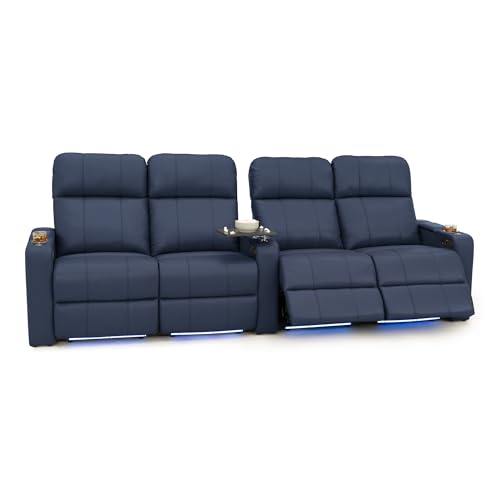 Image of Seatcraft Monterey Home Theater Seating Navy Blue Row of 4 Dual Loveseats | Italian Leather, Wall Hugger, Zero Gravity, Powered Headrest, Power Recline, Zero Gap, USB charging