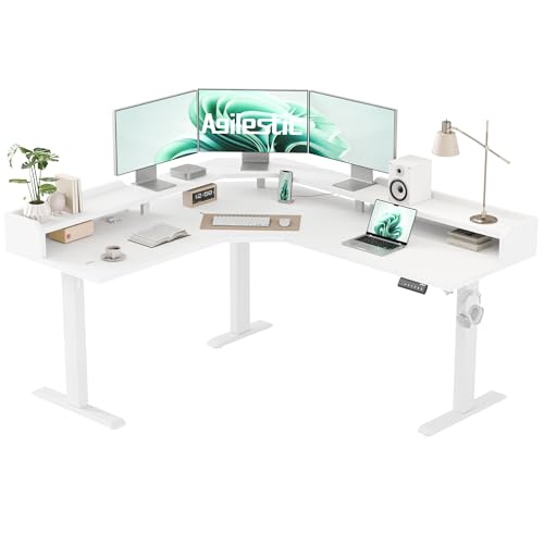 Image of Agilestic L Shaped Standing Desk, Adjustable Height Corner Gaming Desk with Shelf, Sit Stand Up Desk, 63 x 55 Inch Home Office Computer Table, White