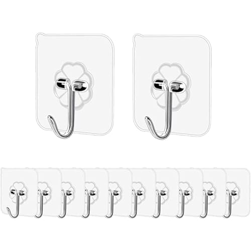 Pubiao (12 Pack) Adhesive Hooks Transparent Plastic Strong Stick Wall Hooks for Kitchen Bathroom Clothes Office Ceiling Hanger