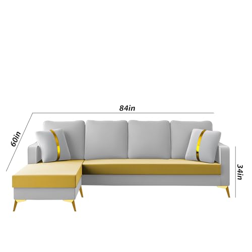 Image of Casaliving Mandis LHS 4 Seater L Shape Sofa Set for Living Room (Yellow Grey Fabric) Premium Fabric Sofa