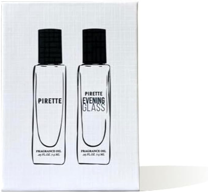 PIRETTE Mini Duo Set Evening Glass + Pirette Fragrance, Travel Size Perfume Oil, Warm Wood, Smoky Vanilla, Fresh Coconut, Surf Wax & Sunscreen, 0.25 Fl Oz (Pack of 2)