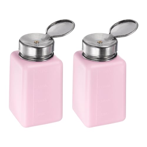 HARFINGTON 2pcs Solvent Alcohol Dispensers 200ml(6.8oz) Push Down Liquid Dispenser Pump Bottle with Sealing Stainless Steel Lid for Acetone Cleanser Polish Remover, Pink