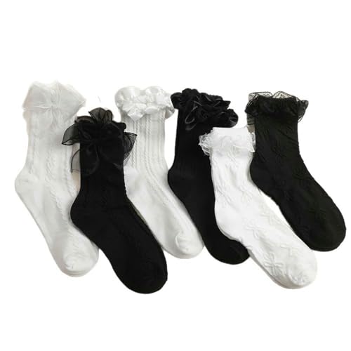 Calcetines de invierno mujer tubo medio encaje pack 6 lazo dulce moda infantil femenina cómoda 2