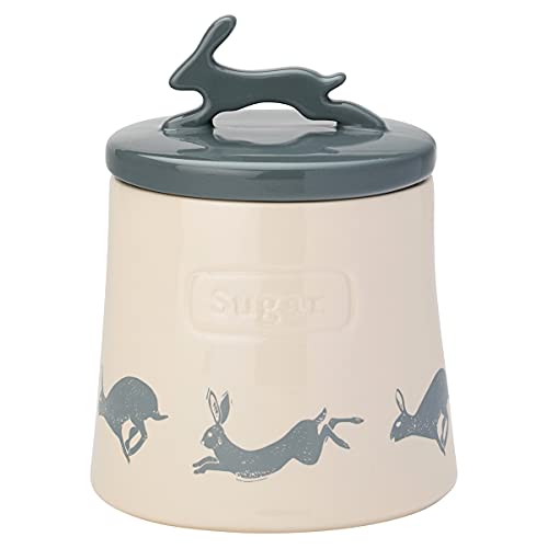 Image of Artisan Hare Stoneware Sugar Canister with Airtight Lid | Ceramic Kitchen Storage Jar | Embossed Label | 500ml | Dishwasher Safe | Beige & Grey | The English Tableware Company