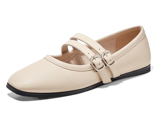 Coutgo Womens Mary Jane Flats Shoes Dressy Comfortable Square Toe Double Strap Soft Work Slip on Ballet Flat, Beige, Size 7 - image 1