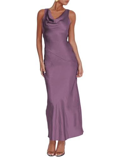 Image of KOUNAI Satin Backless Formal Maxi Dresses for Women Wedding Guest | Silk,Cowl Neck,Drape Neck,Open Back,Sleeveless,Tie Back,Elegant,Cocktail,Bridesmaid,Beach,Vacation,Party,Graduation,Midi
