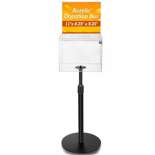 DoubleFill 1 Pack Clear Suggestion Donation Box with Lock and Key 11x 8.25x 8.25 Inches Acrylic Offering Raffle Box with Stand Slot for Office Charity Church Collection