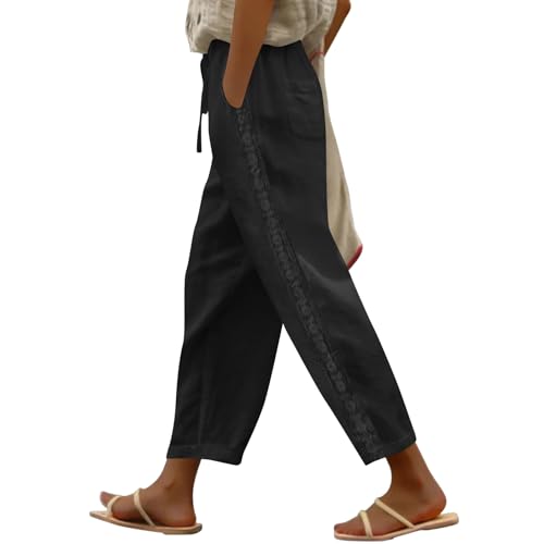 Women's Linen Summer Pants Casual Drawstring Straight Leg Beach Trousers with Pockets Vacation Clothes