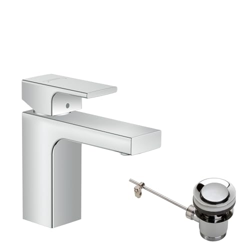hansgrohe Waschtischarmatur Vernis Shape, Wasserhahn Bad mit Auslauf Höhe 100 mm, mit Zugstange, Badarmatur wassersparend, Chrom