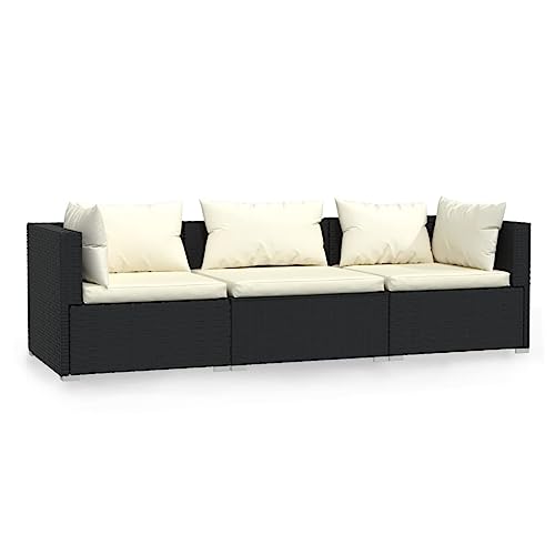 vidaXL Sofa mit Kissen Gartenmöbel Lounge Garten Garnitur Gartenset Sitzgruppe Sitzgarnitur Gartensofa Mittelsofa Ecksofa 3-Sitzer Schwarz Poly Rattan