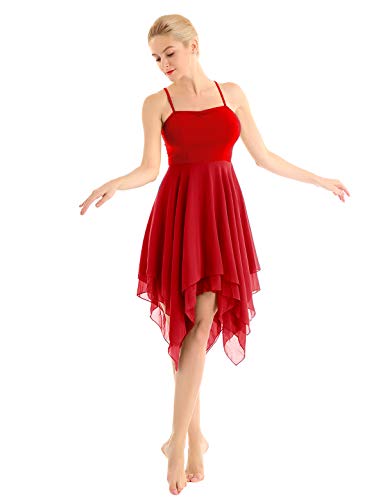 inhzoy Women s Elegant Modern Lyrical Dance Costume Dresses Asymmetric High-Low Contemporary Dancing Dress Red Small