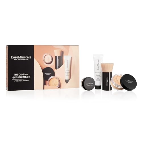 bareminerals original get started kit mini 4 piece mineral makeup includes original loose foundation face primer setting powder brush must-have kit travel size vegan