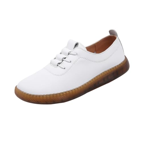 BESTYASH Damen Casual Lederflache Schuhe Leicht rutschfest Freizeit Schuhe Für Frauen Alltagsmode Atmungsaktiv Bequem Reiseschuhe Anti-rutsch-Sohlen Für Vier Jahreszeiten Weiß