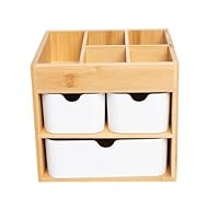 Ninebendstreams Bambus-Make-up-Organizer mit 3 Schubladen, Kommode, Kosmetik-Organizer, Bambus-Schreibtisch-Organizer für Zuhause mit verstellbaren Trennwänden