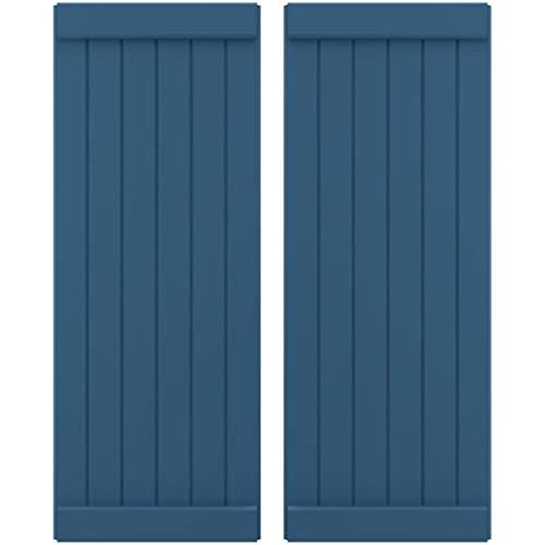 21"W x 41"H Americraft Six Board Exterior Real Wood Joined Board-n-Batten Shutters w/End Batten (Per Pair), Sojourn Blue