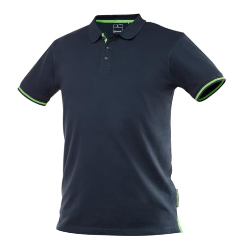 Polo bleu marine 100 % coton piqué - Col et poignets côtelés - Détails orange sur la patte de boutonnage, manches et ourlet - Conforme à la norme EN ISO 13688:2013 - Tailles S à 3XL (XL)