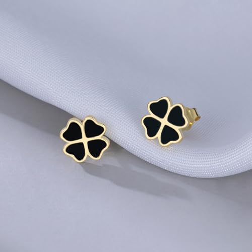 Reffeer Solid 925 Sterling Silver Leaf Clover Earrings Studs for Women Teen Girls Black Leaf Stud Earrings Clover3
