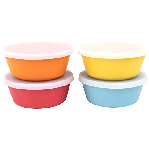 Image of WeeSprout Bamboo Kids Bowls with Lids, Set of Four 10 oz Kid-Sized Dinnerware, Cereal, Leftovers & Snack Bowl, Dishwasher Safe (Blue, Yellow, Orange, & Red)
