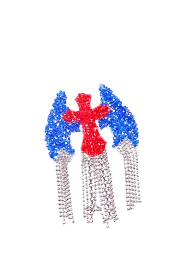 Taoxekoro Brooch Pin with Black and Silver Rhinestones, Dangling Chain Fringe, Iron-On Patch for Jackets, Jeans, Caps, DIY Fashion Accessories (Blue and red)